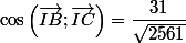 \cos\left(\vec{IB};\vec{IC}\right) = \dfrac{31}{\sqrt{2561}}